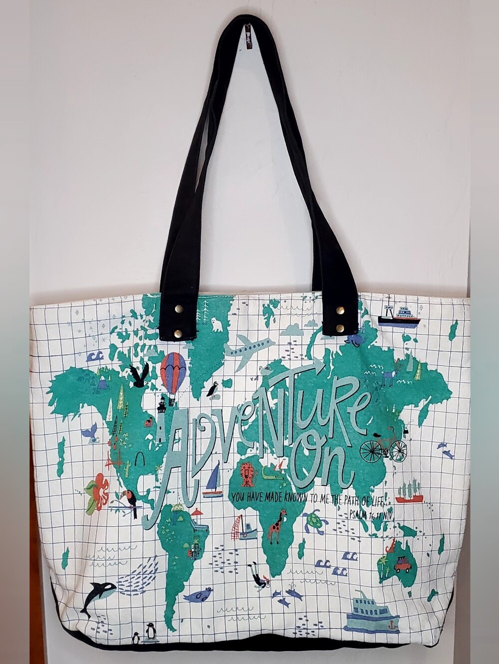 World-Map 'Adventure On' White & Teal Canvas Tote with Black Straps